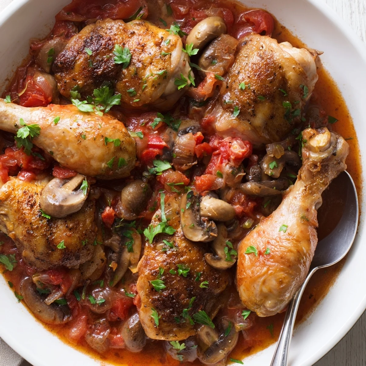 Braised Chicken Chasseur with glossy tomato and mushroom sauce, tender herbs, crusty bread
