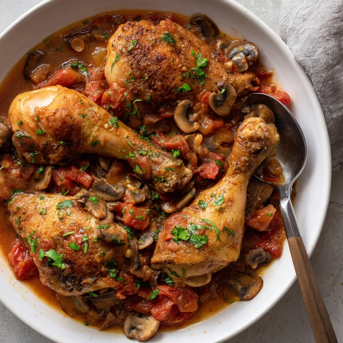 Skillet Chicken Chasseur simmering in white wine and mushrooms, finished with fresh parsley