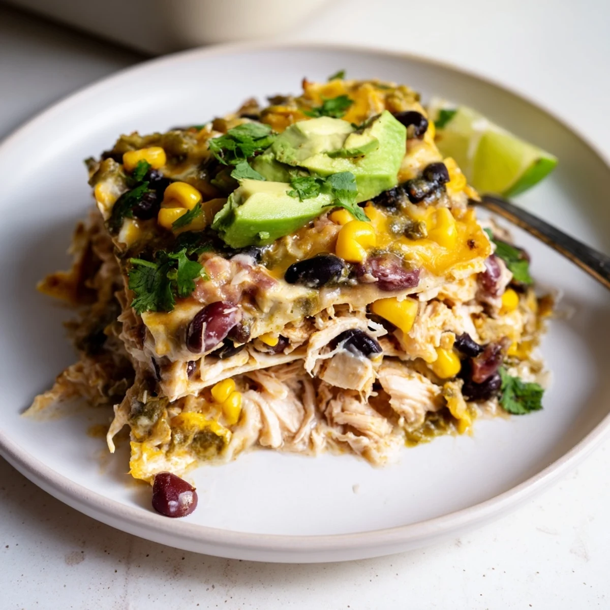 Salsa Verde Chicken Casserole bubbling with melted cheese, cilantro and lime