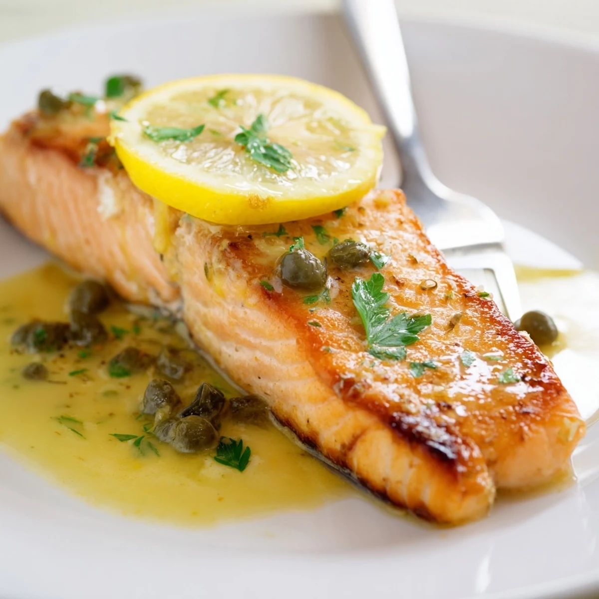 Pan-seared Salmon Piccata with tangy lemon caper sauce, buttery skillet gloss.