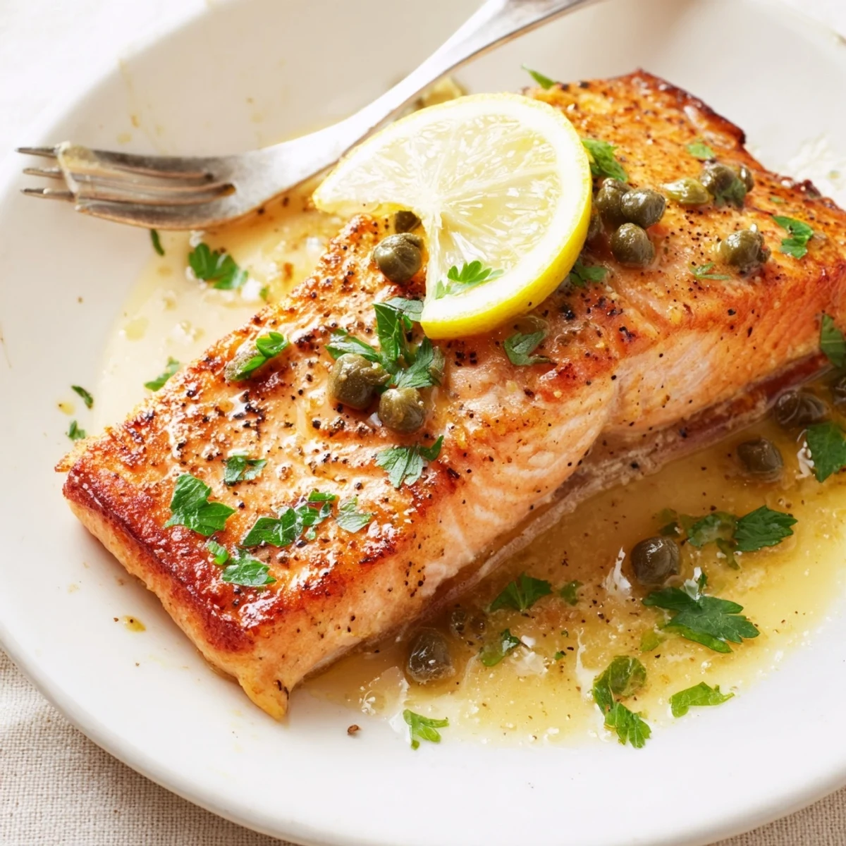 Salmon Piccata plated over angel hair pasta, bright lemon and capers.