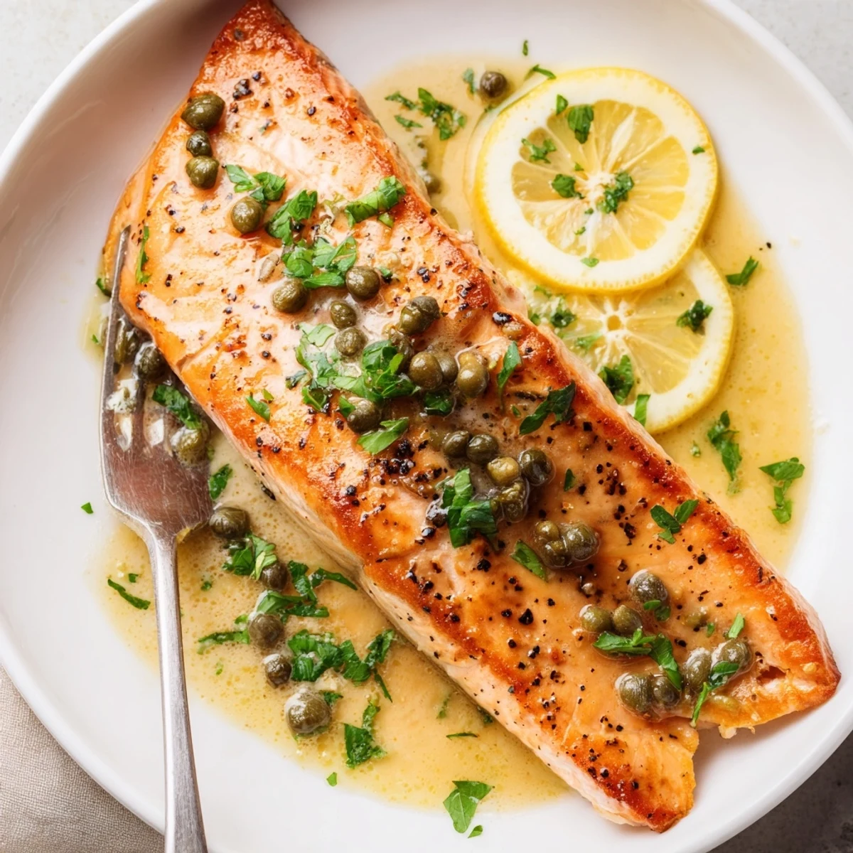 Crispy seared Salmon Piccata sizzling in skillet, fragrant garlic and parsley.