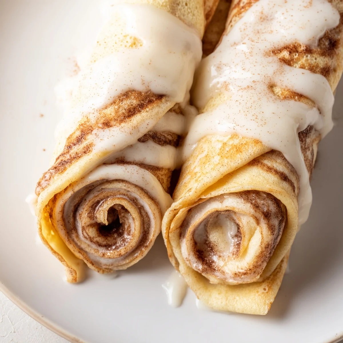 Cinnamon Roll Protein Crepes drizzled with sweet vanilla glaze on a warm plate