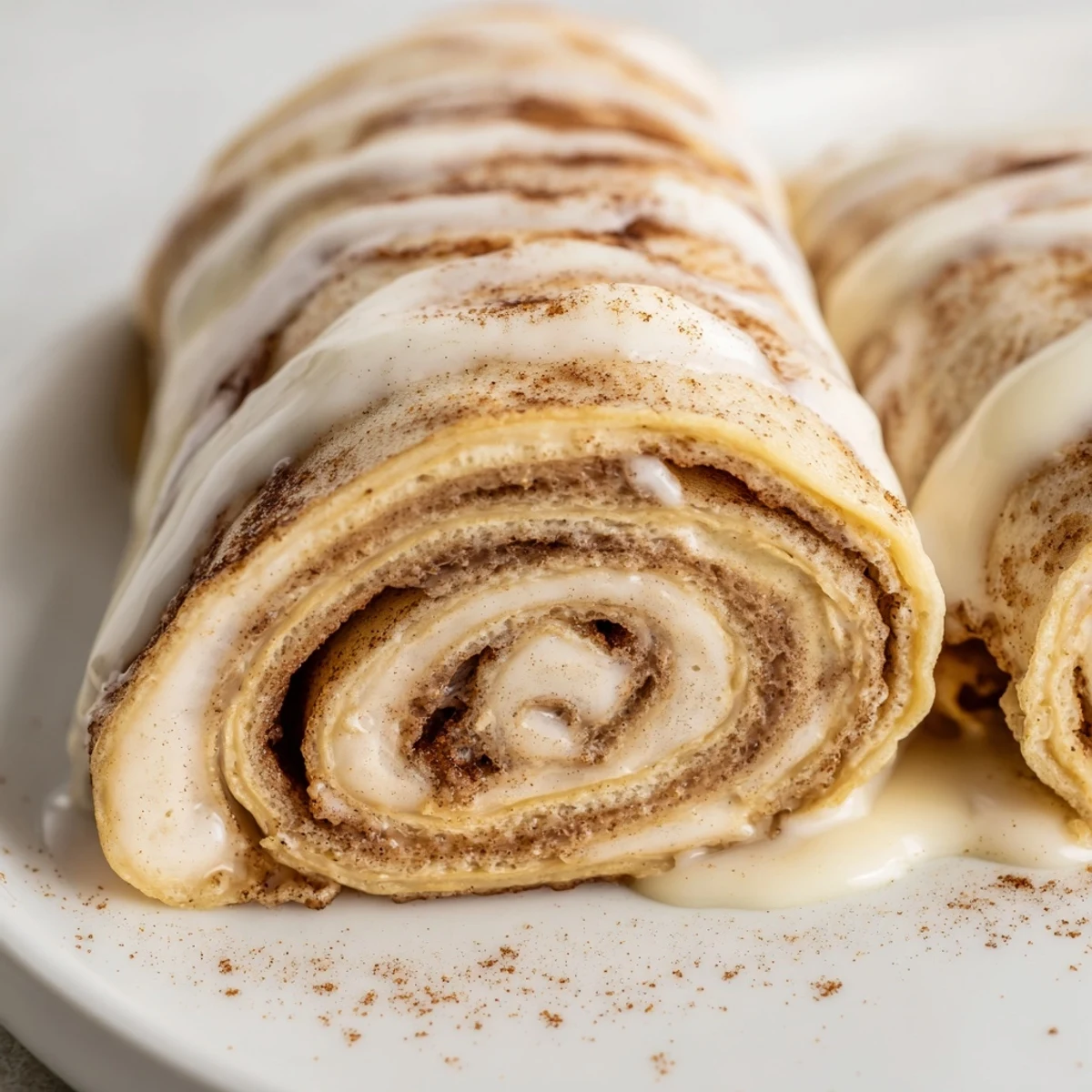 Thin Cinnamon Roll Protein Crepes rolled around creamy cinnamon swirl filling and served fresh