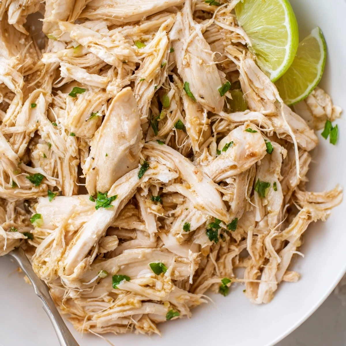 Slow Cooker Cilantro Lime Chicken shredded in juices, bright lime aroma, cilantro garnish