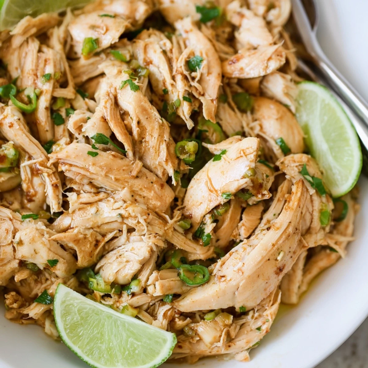 Tender, juicy chicken piled on rice—Slow Cooker Cilantro Lime Chicken, lime wedges