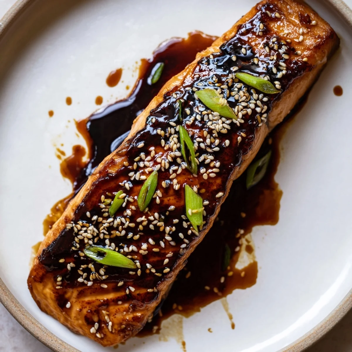 Golden glazed salmon fillet topped with sesame seeds and sliced green onions