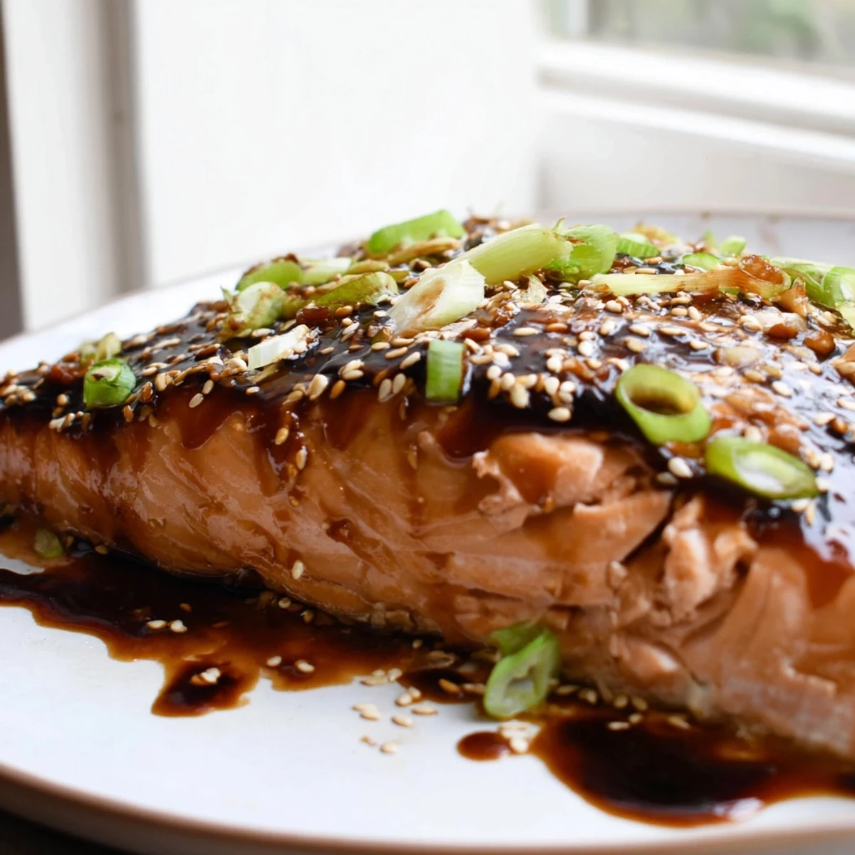 Oven-baked teriyaki salmon with thick glossy sauce dripping over perfectly flaked pink fish