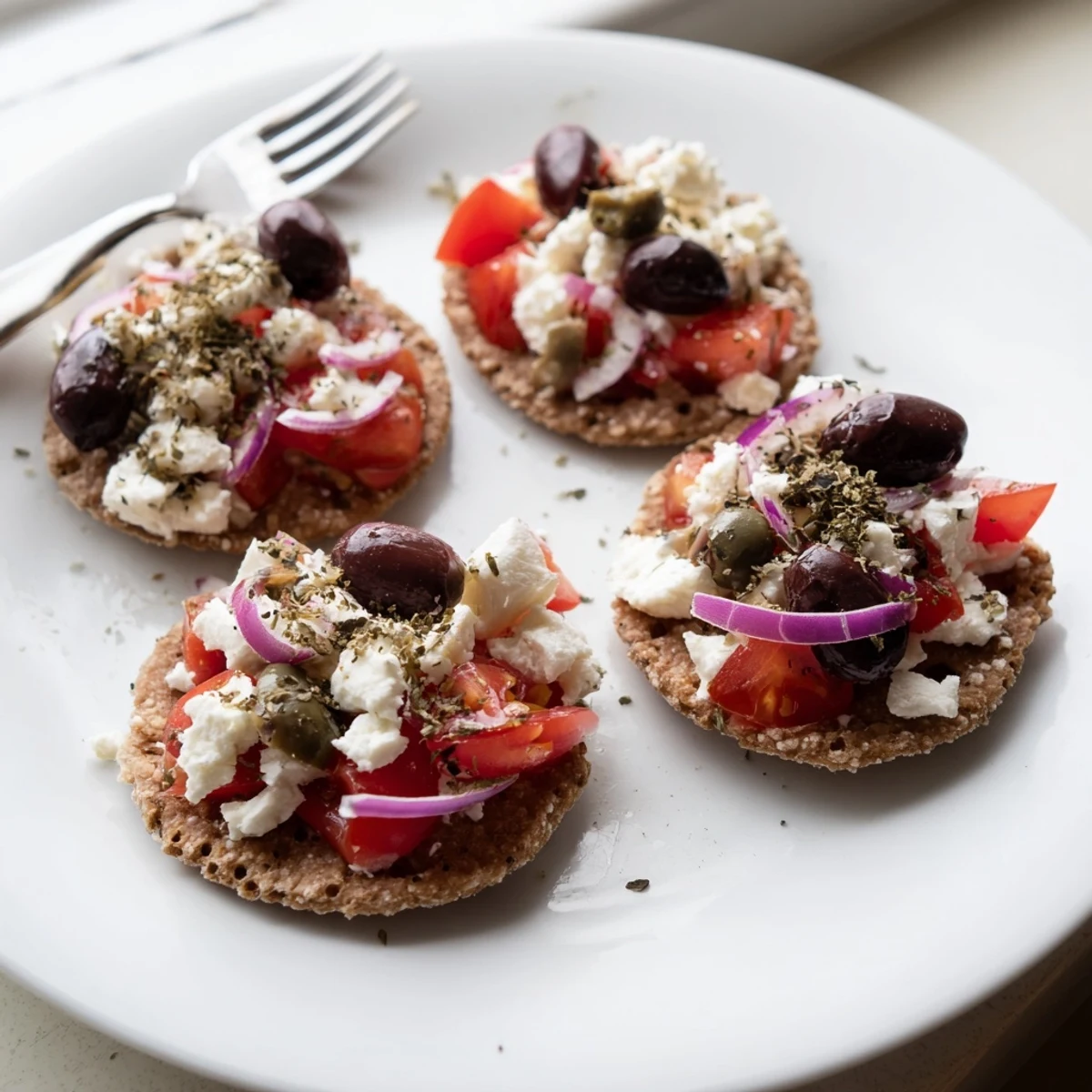 Golden crispy Cretan feta rusks topped with juicy tomatoes, olives, and crumbled feta cheese.