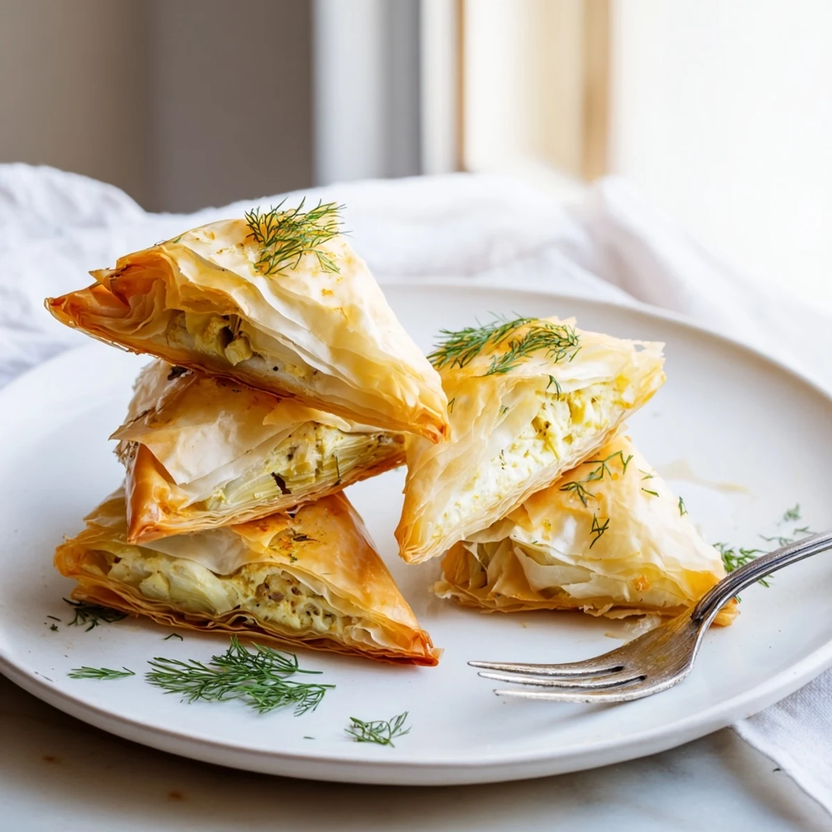 Crispy triangular Artichoke and Graviera Filo Puffs with melted cheese oozing from flaky layers
