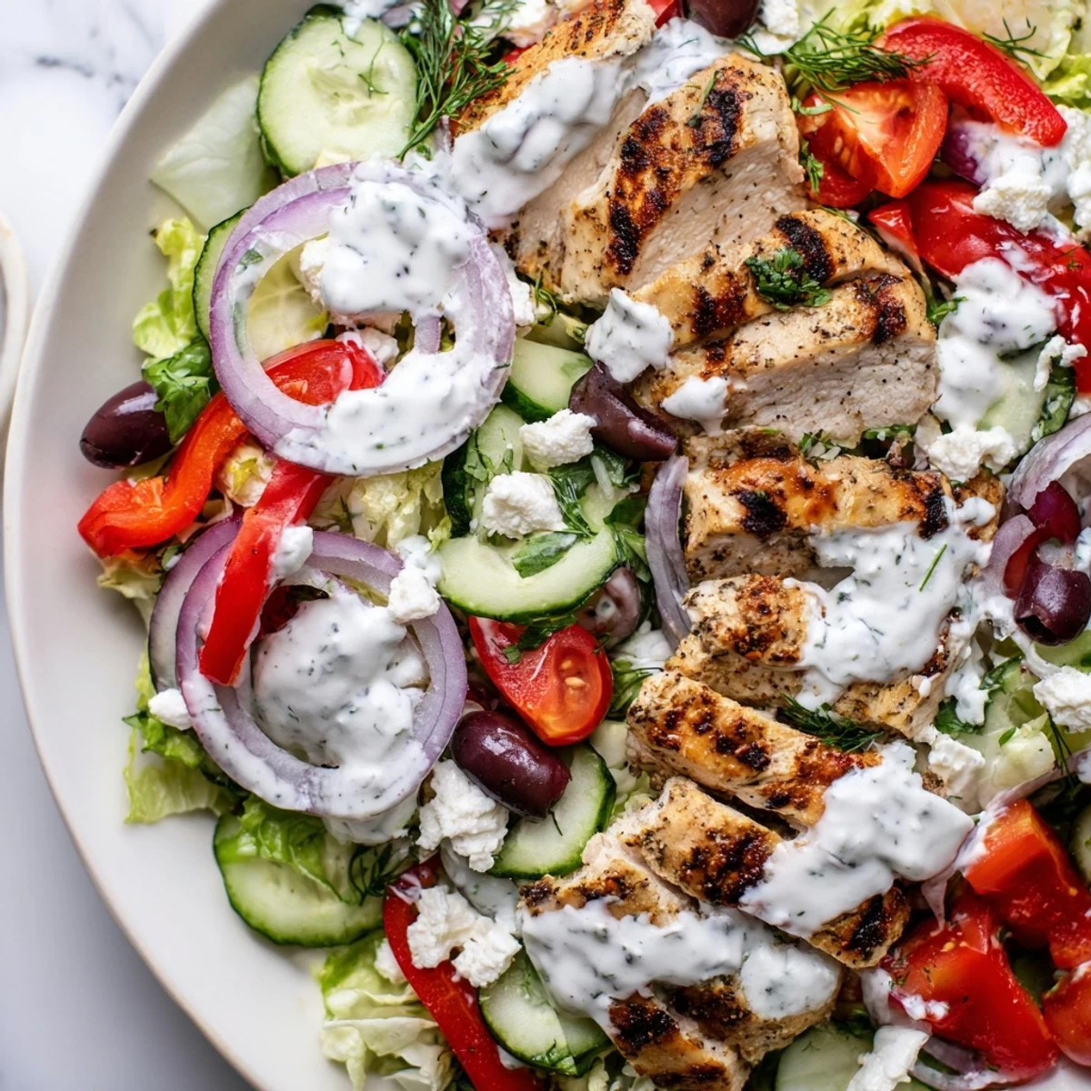 Greek Chicken Salad With Creamy Whipped Feta Dressing topped with juicy grilled chicken and fresh vegetables