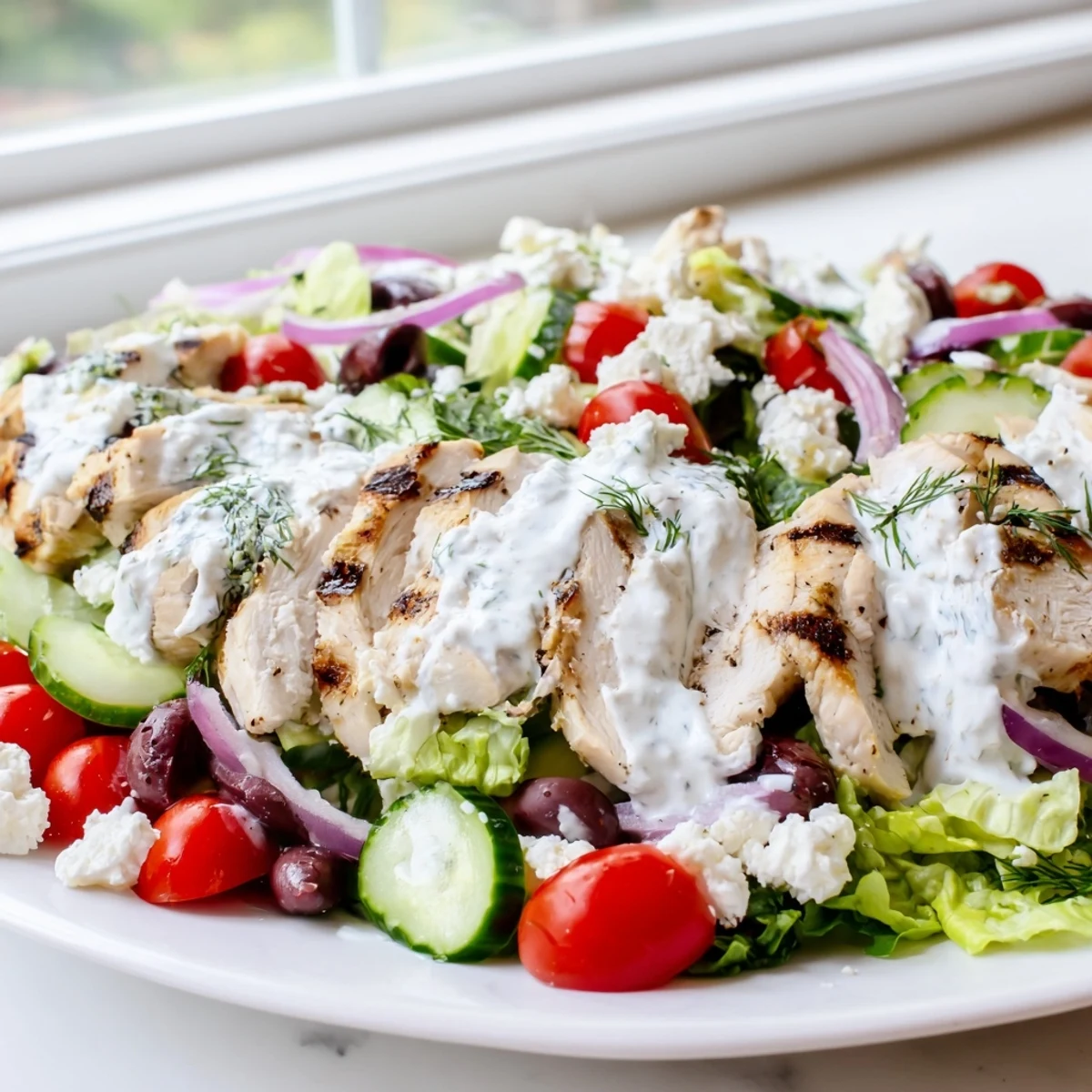 Colorful Greek Chicken Salad With Creamy Whipped Feta Dressing drizzled on a rustic serving platter