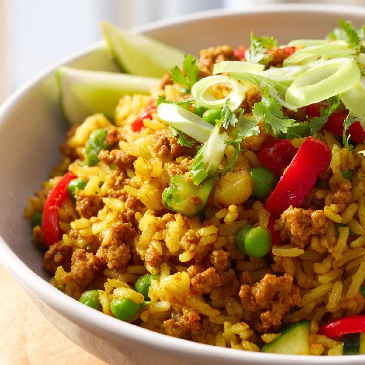 Colorful spiced turkey rice bowls with tender vegetables in a smoked paprika sauce