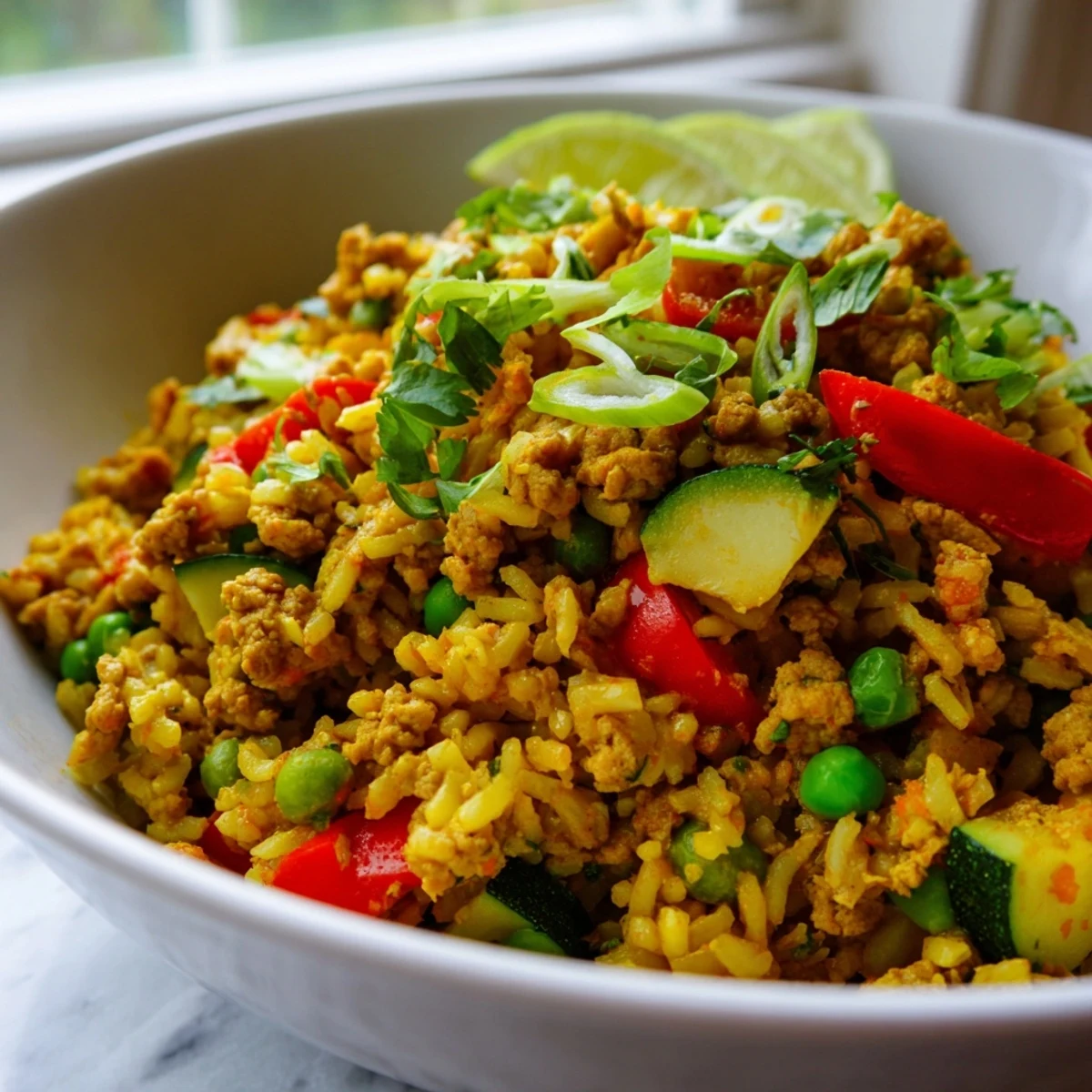 Warm spiced turkey rice bowls topped with fresh cilantro and lime wedges