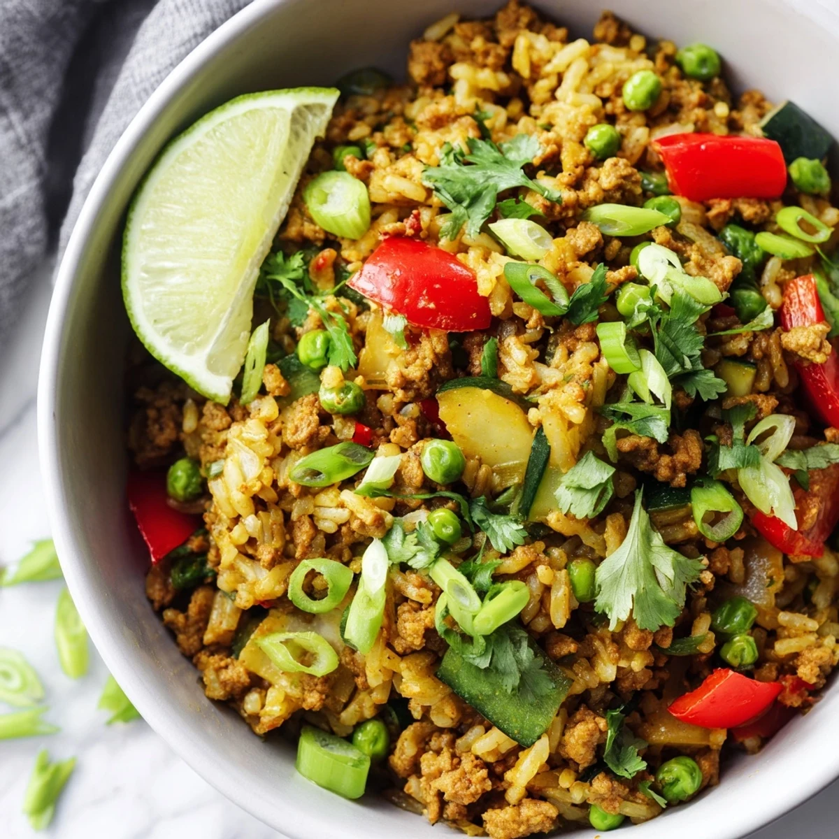Hearty spiced turkey rice bowls served over fluffy long-grain white rice with peppers