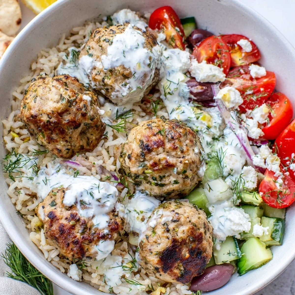 Golden za'atar turkey meatballs nestled over herbed rice with cool yogurt sauce drizzle