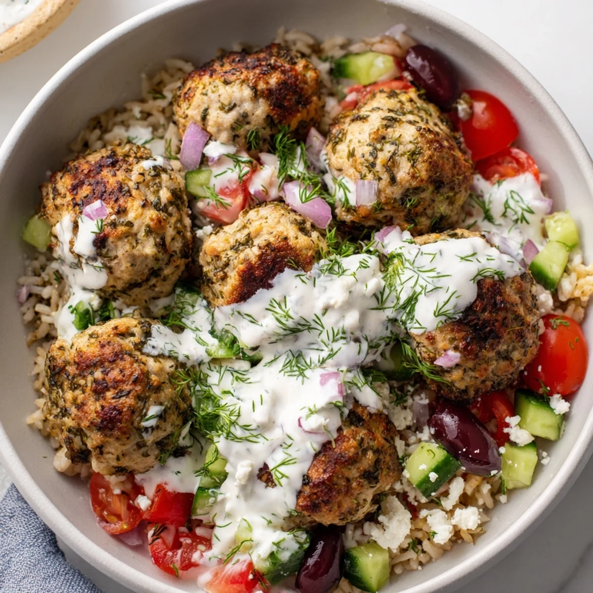 Crisp Mediterranean vegetables and warm spiced meatballs served in a colorful grain bowl