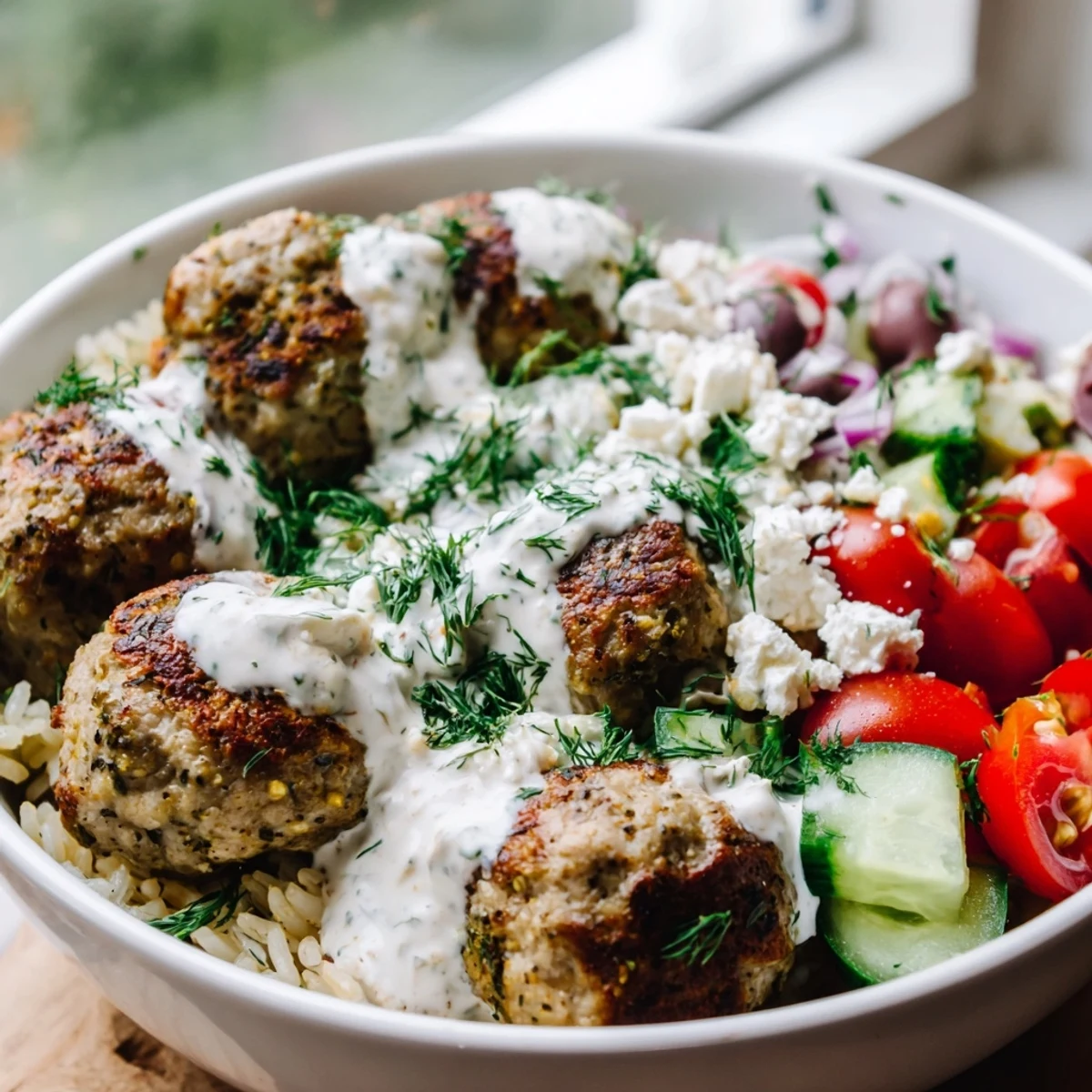 Creamy yogurt-topped turkey meatball bowls bright with fresh cucumber tomato and lemon wedges