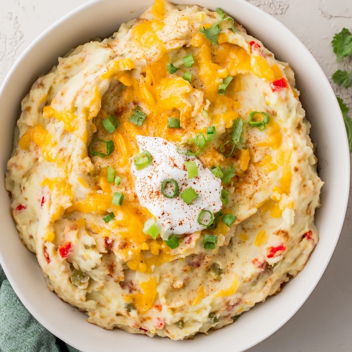 Spicy Tex Mex Mashed Potatoes served steaming in a rustic bowl with jalapeño garnish