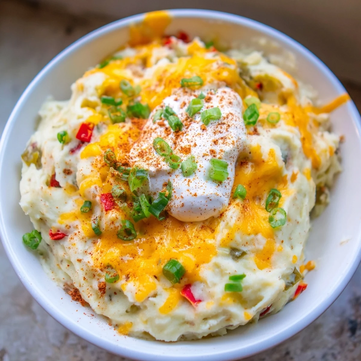 Creamy Tex Mex Mashed Potatoes topped with fresh cilantro and melted cheddar cheese
