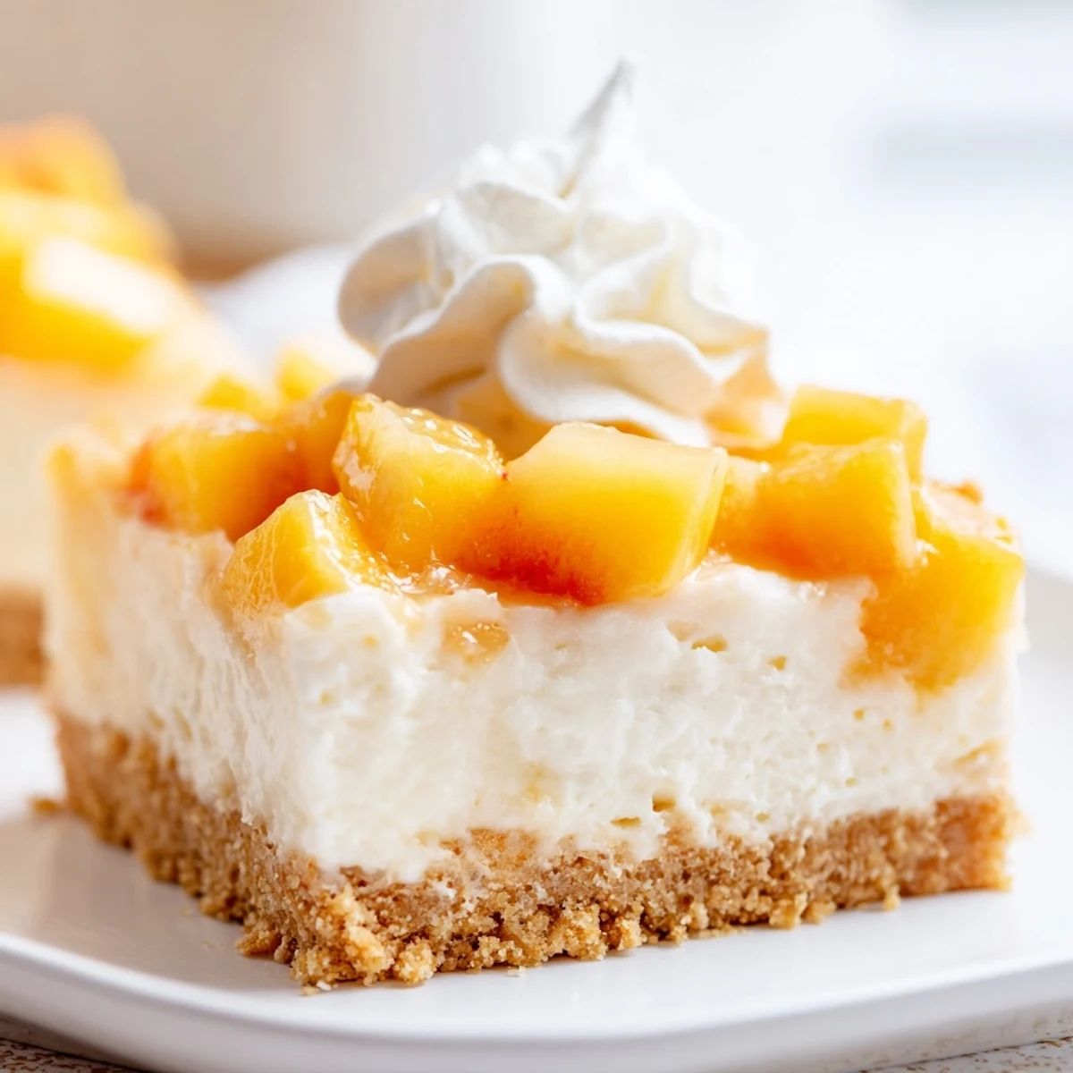 Creamy peaches and cream cheesecake bars with golden graham crust and fresh peach slices