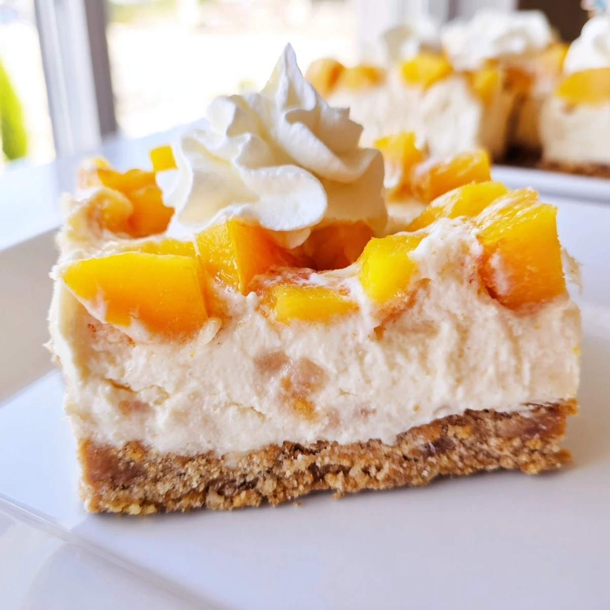 Peaches and cream cheesecake bars topped with swirled whipped cream on a summer plate