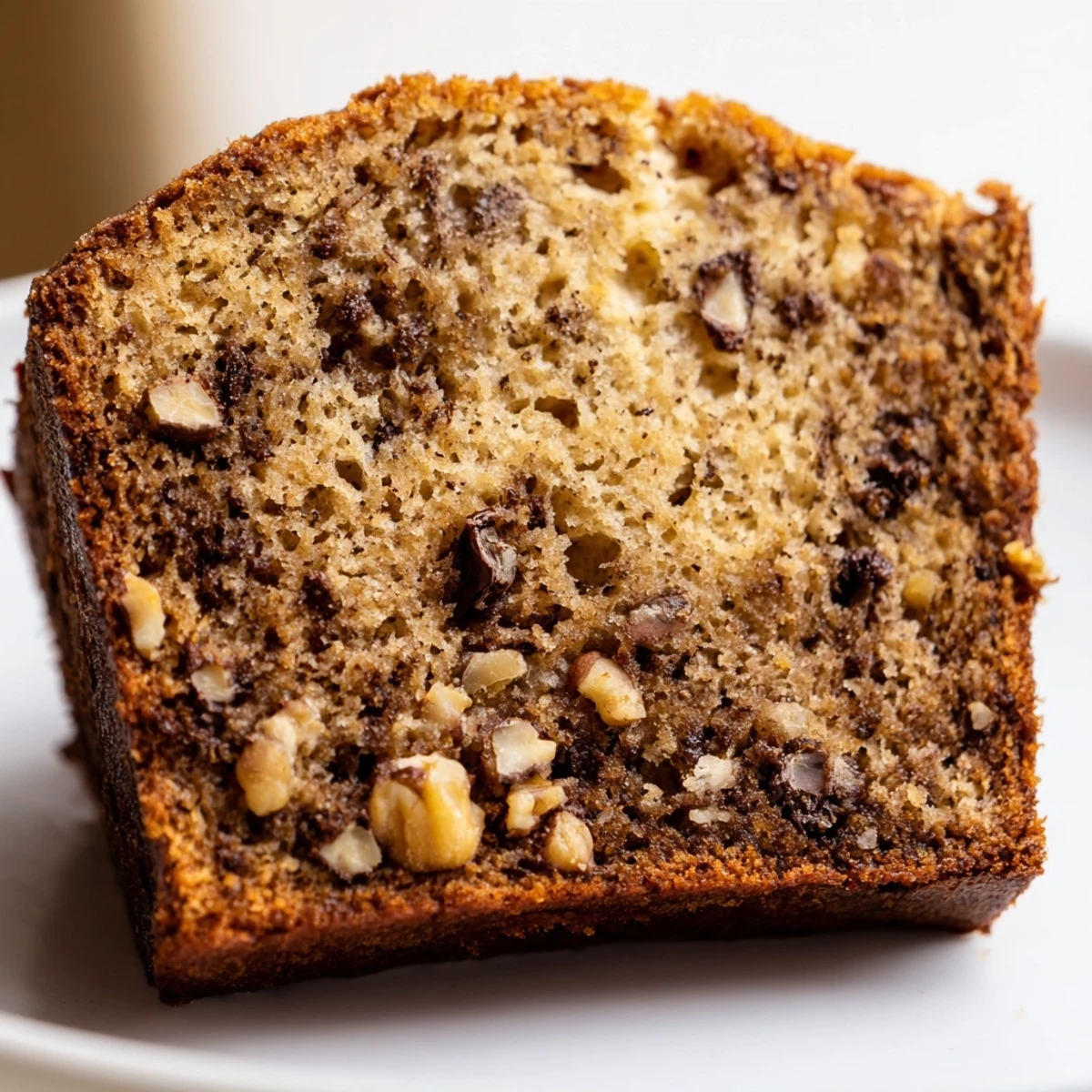 A golden banana cake slice topped with creamy frosting on a rustic plate