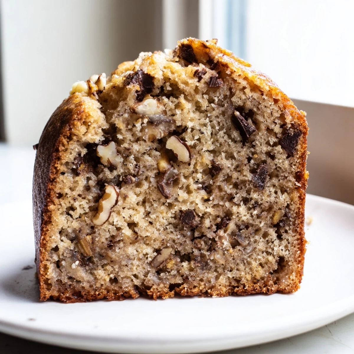 Warm banana cake served on a plate with a dusting of powdered sugar
