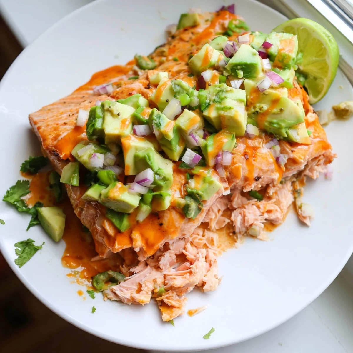 Juicy baked bang bang salmon drizzled with spicy cream sauce and cool avocado cucumber salsa