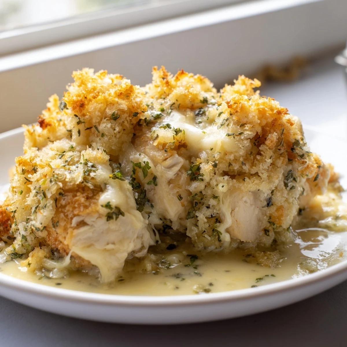 Golden crispy chicken Kiev casserole fresh from the oven with herbed breadcrumb topping