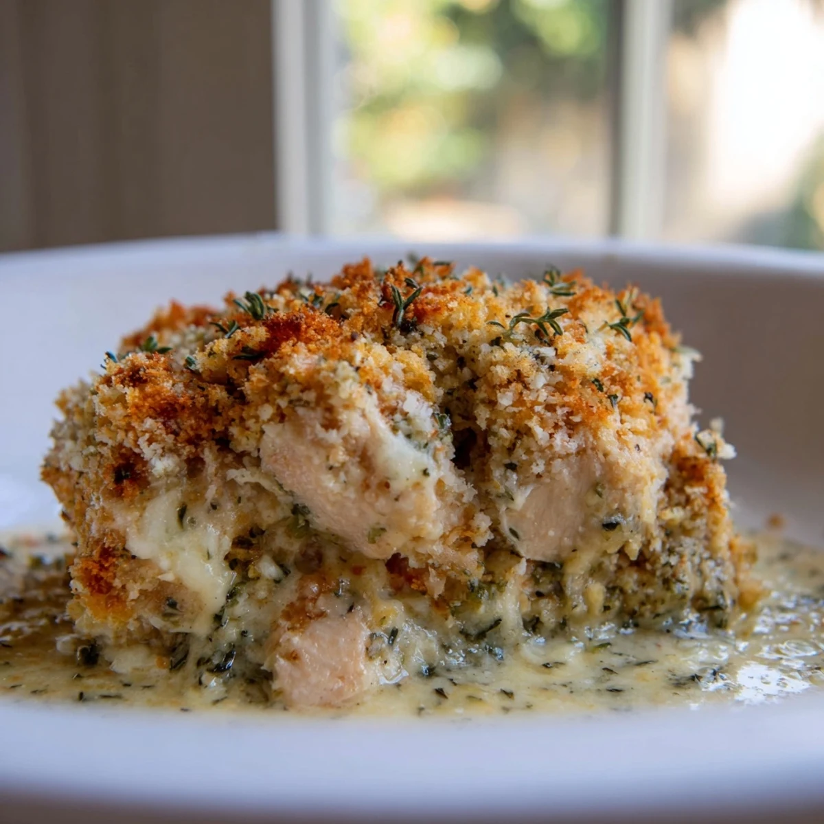 Creamy garlic butter chicken Kiev casserole served bubbling in a baking dish