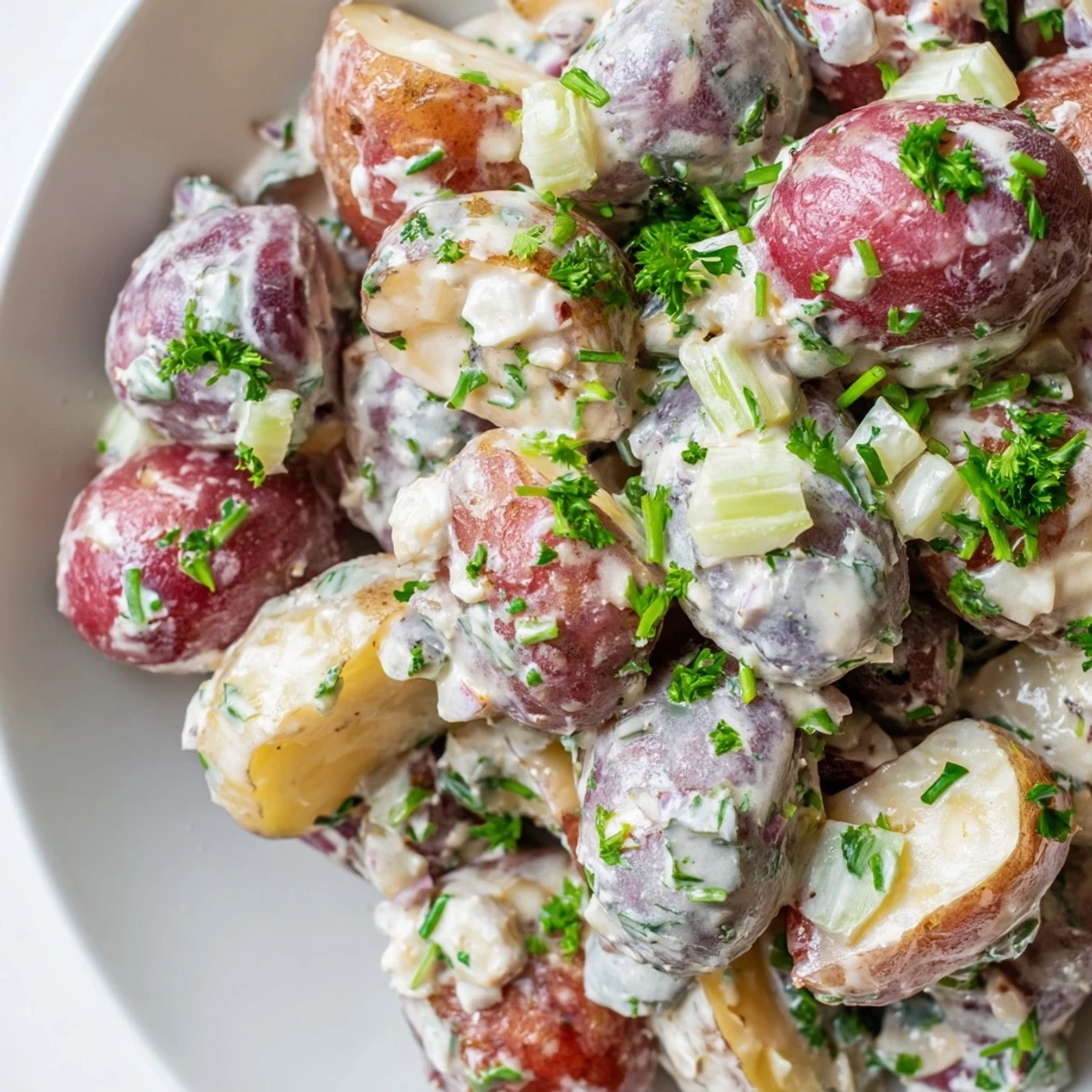 Creamy red white blue potato salad nestled in a rustic serving bowl with fresh herb garnish