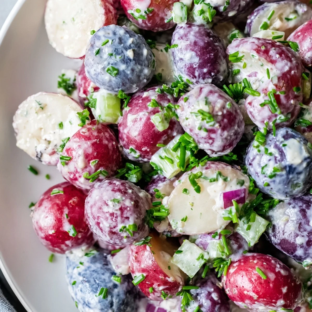 Vibrant tri-color potato chunks glistening with tangy dressing scattered with diced celery and chives