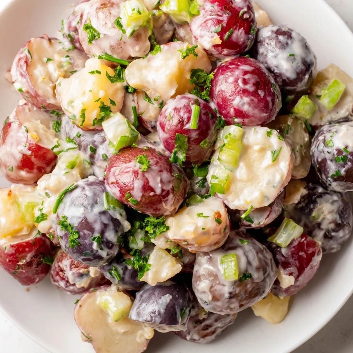 Festive red white blue potato salad piled high on a summertime picnic table platter
