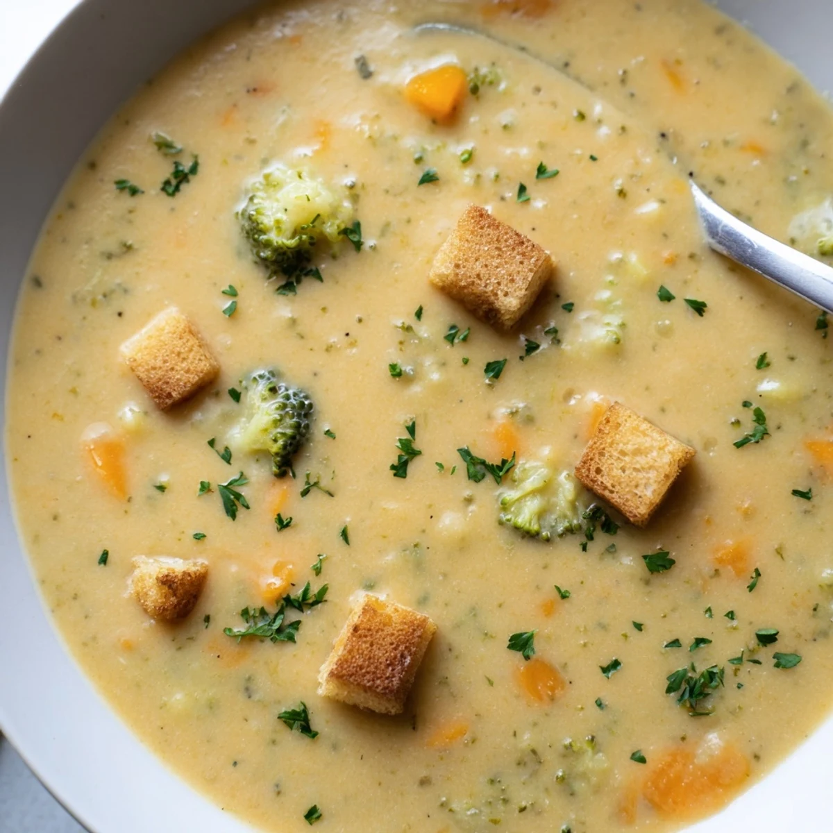 A steaming bowl of creamy vegetable soup topped with golden croutons and fresh parsley