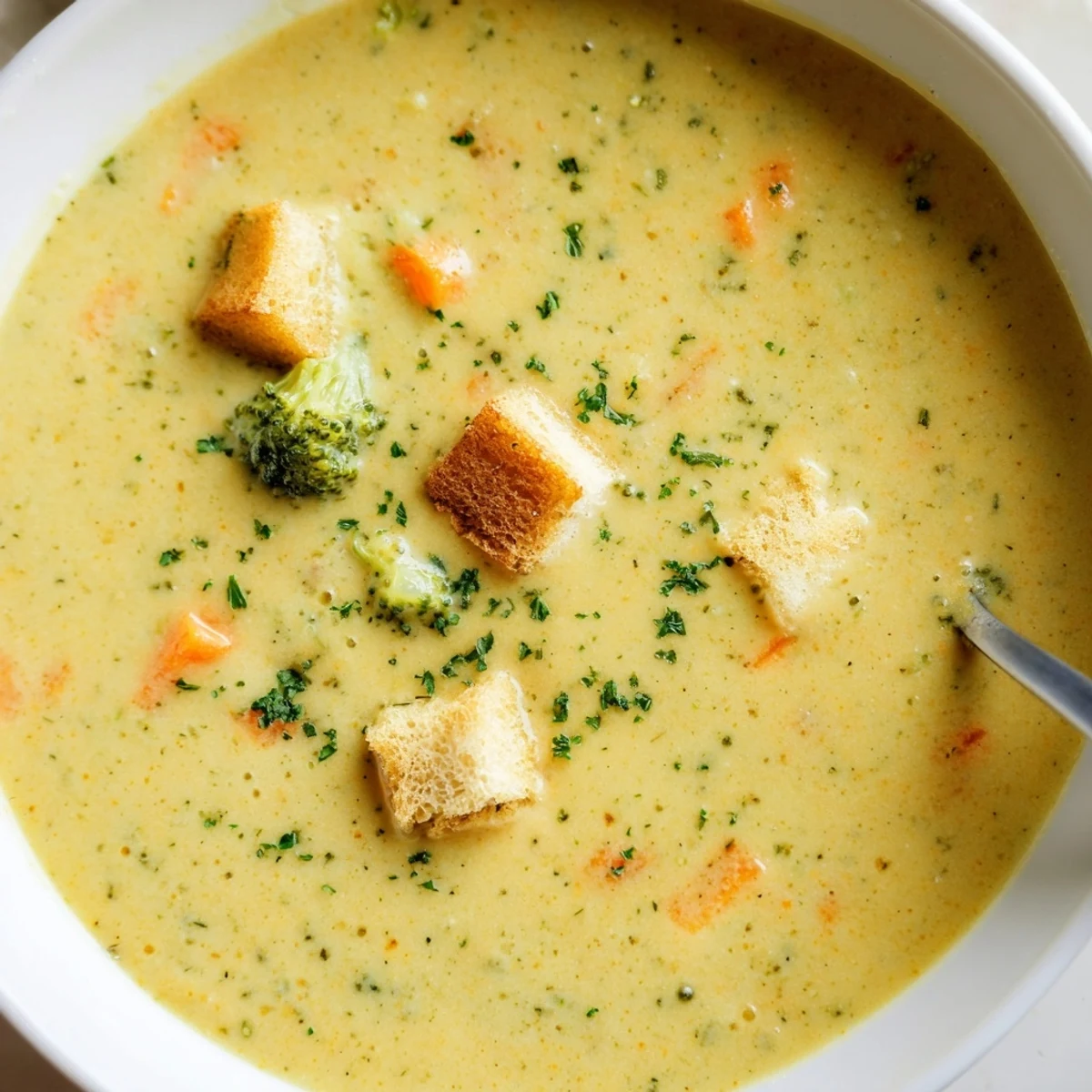 Creamy vegetable soup ladled into a rustic bowl beside crusty bread for dipping