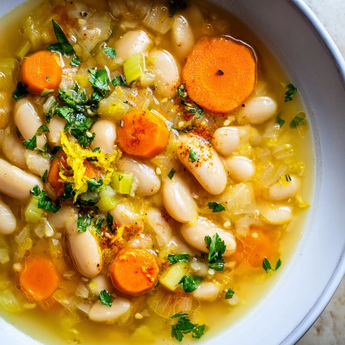 Creamy butter bean soup with tender carrots in a golden savory broth topped with fresh parsley