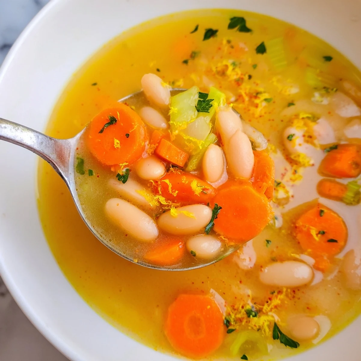 Warm brothy carrot butter bean soup ladled into a bowl with a crusty bread side