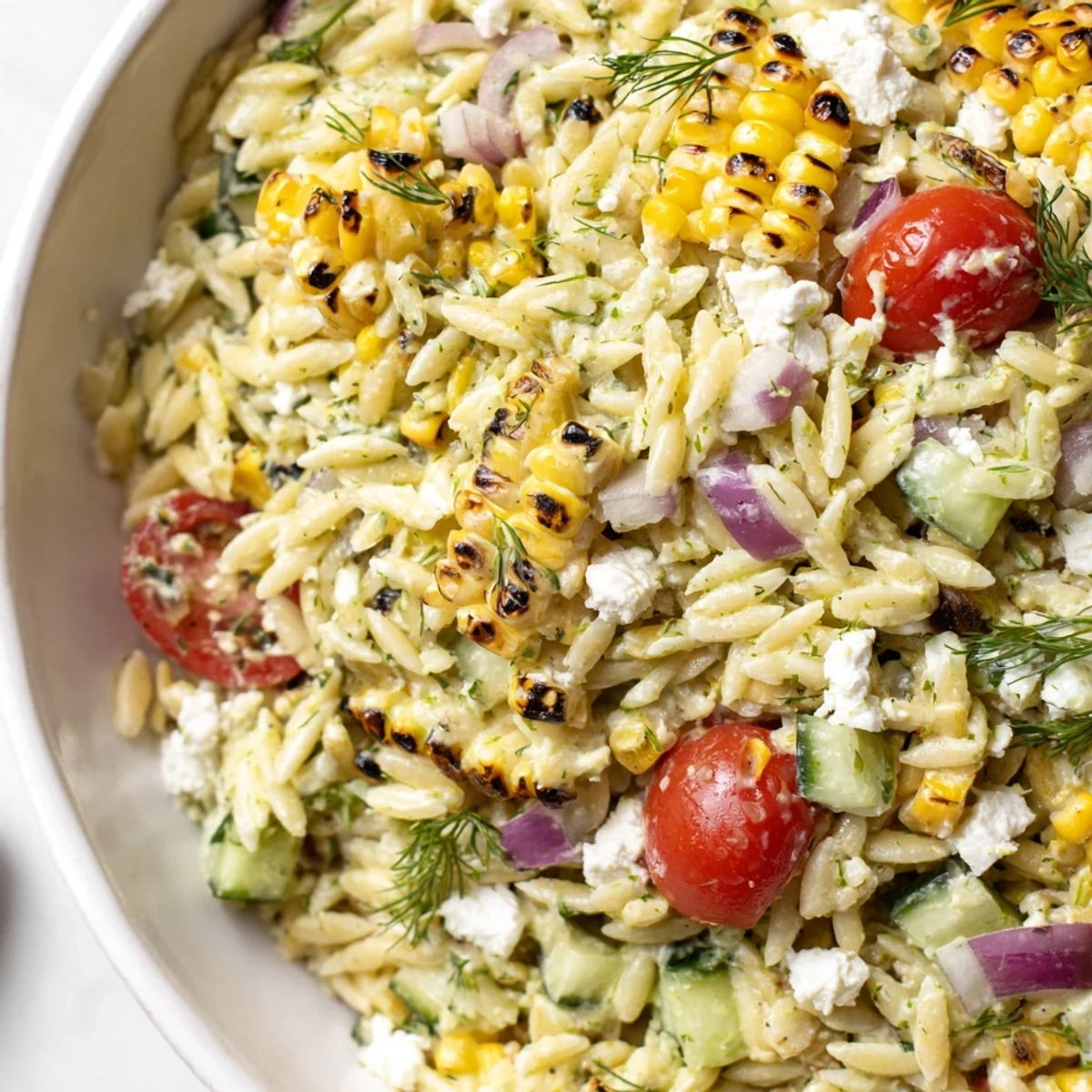 Bright grilled corn orzo salad topped with crumbled feta and creamy herb dressing