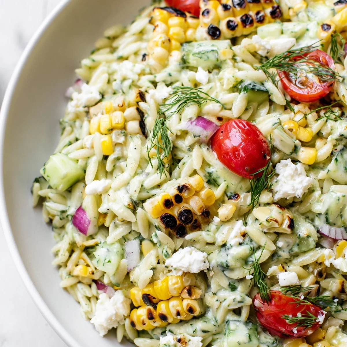 Smoky charred corn and tender orzo tossed in vibrant scallion dill dressing