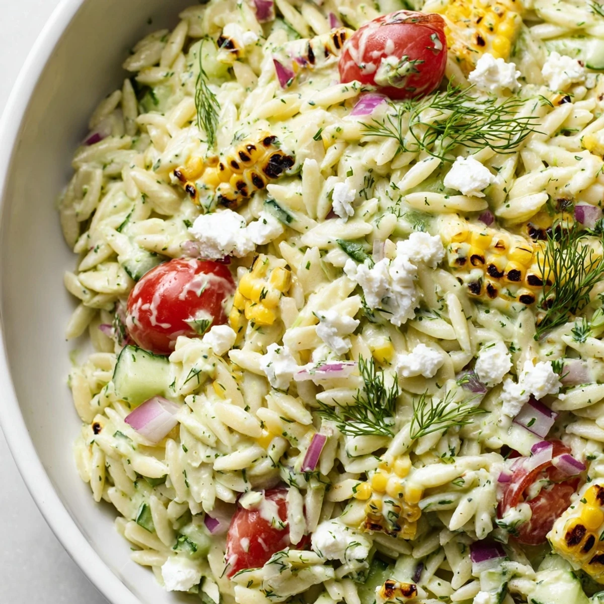 Colorful grilled corn orzo salad with juicy tomatoes and creamy dill dressing