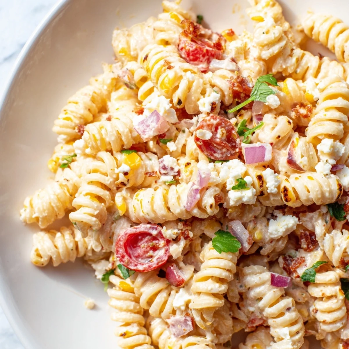 Creamy elote pasta salad topped with crumbled cotija cheese and fresh cilantro