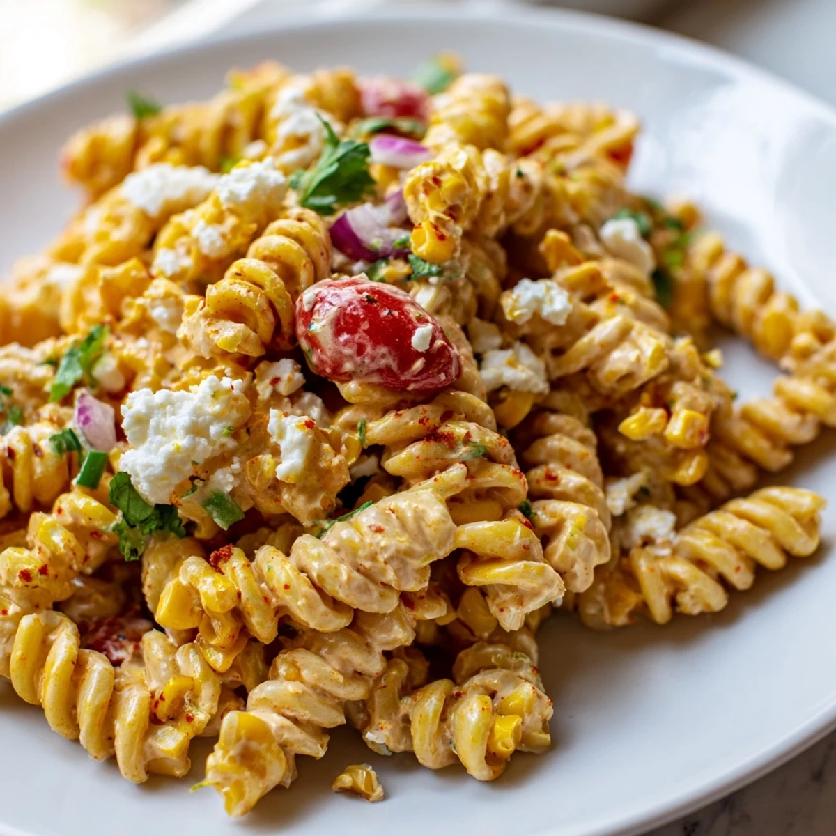 Smoky elote pasta salad served chilled in a bowl with lime wedges