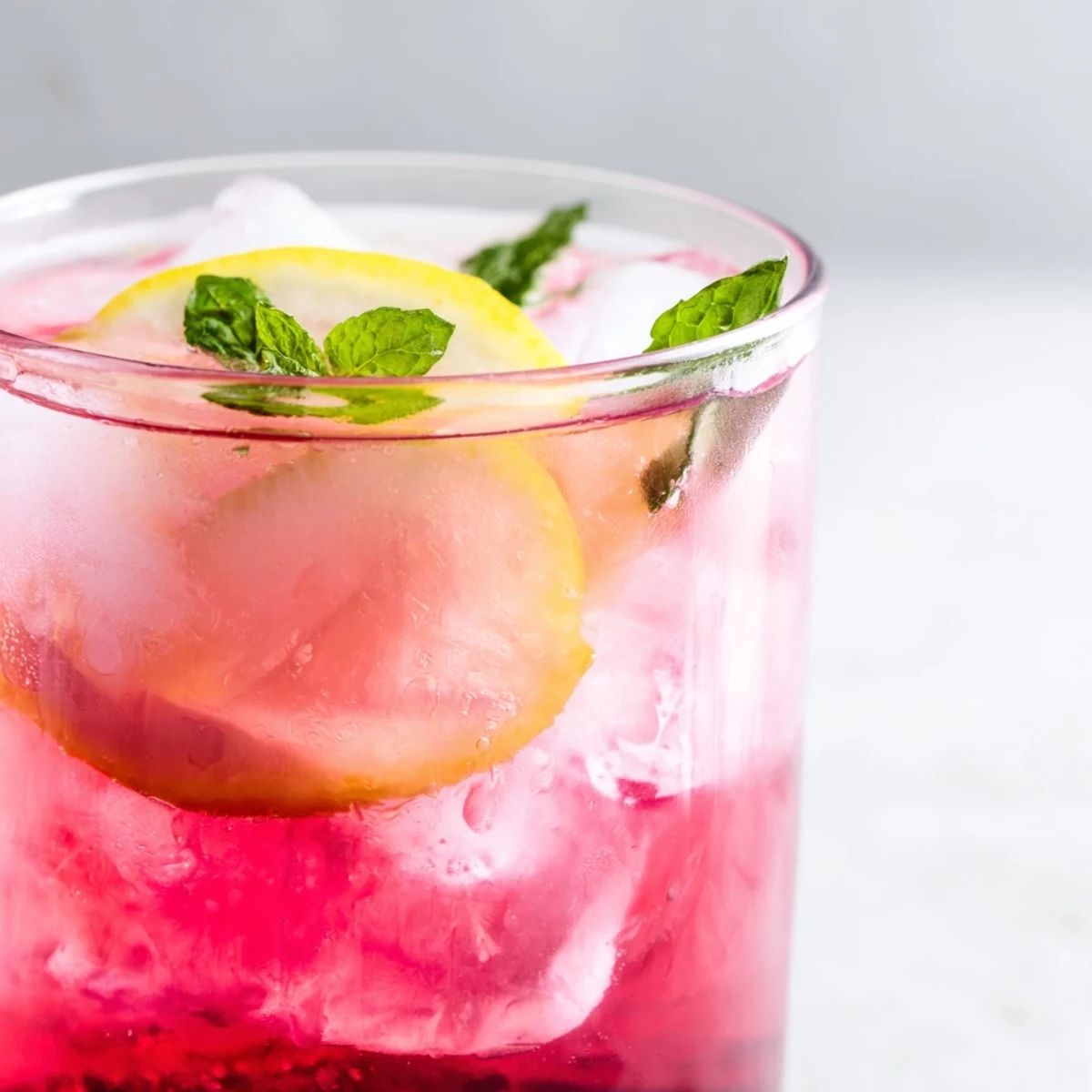A chilled honey lemon pink soda in a glass with fresh mint and ice