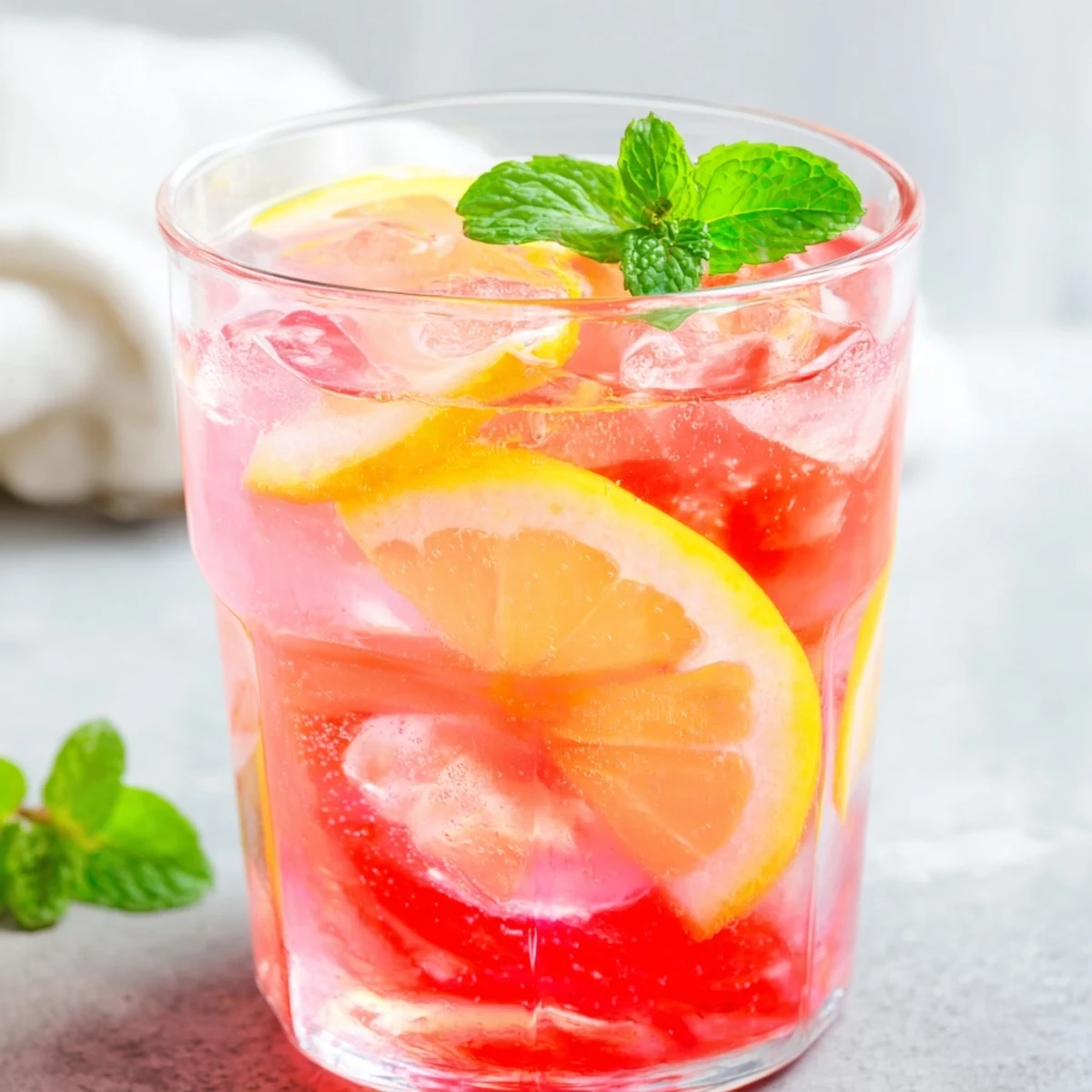 A tall glass of honey lemon pink soda glowing with vibrant grapefruit color