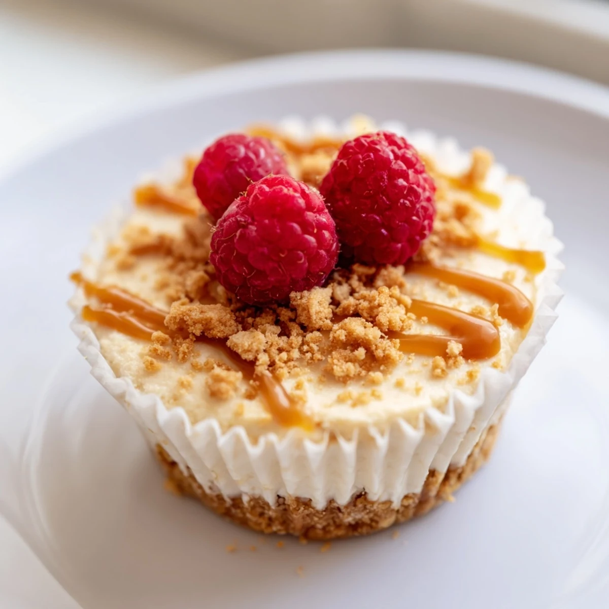 A tray of mini cheesecakes topped with fresh berries and creamy swirls