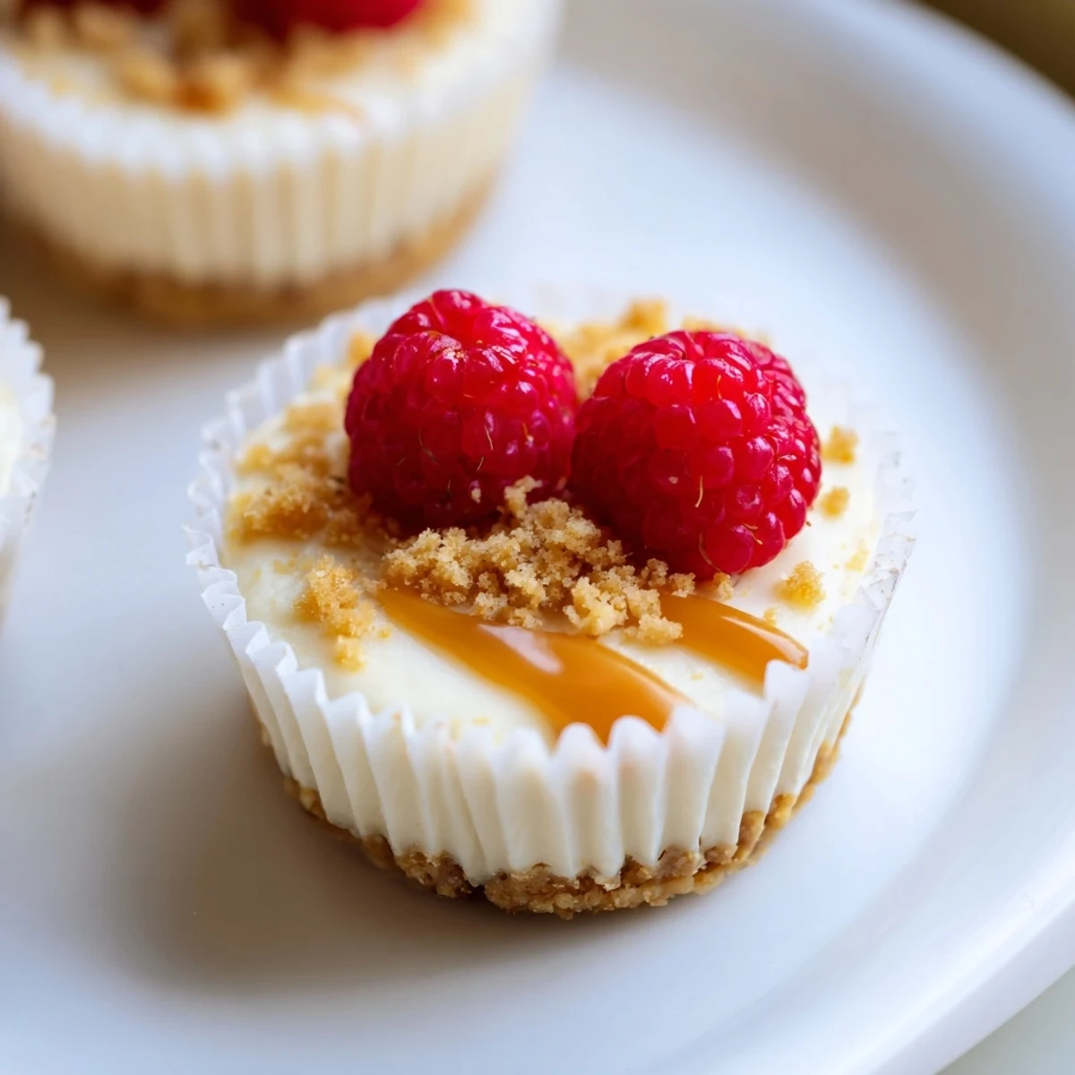 Individual mini cheesecakes drizzled with caramel and crowned with ripe strawberry slices