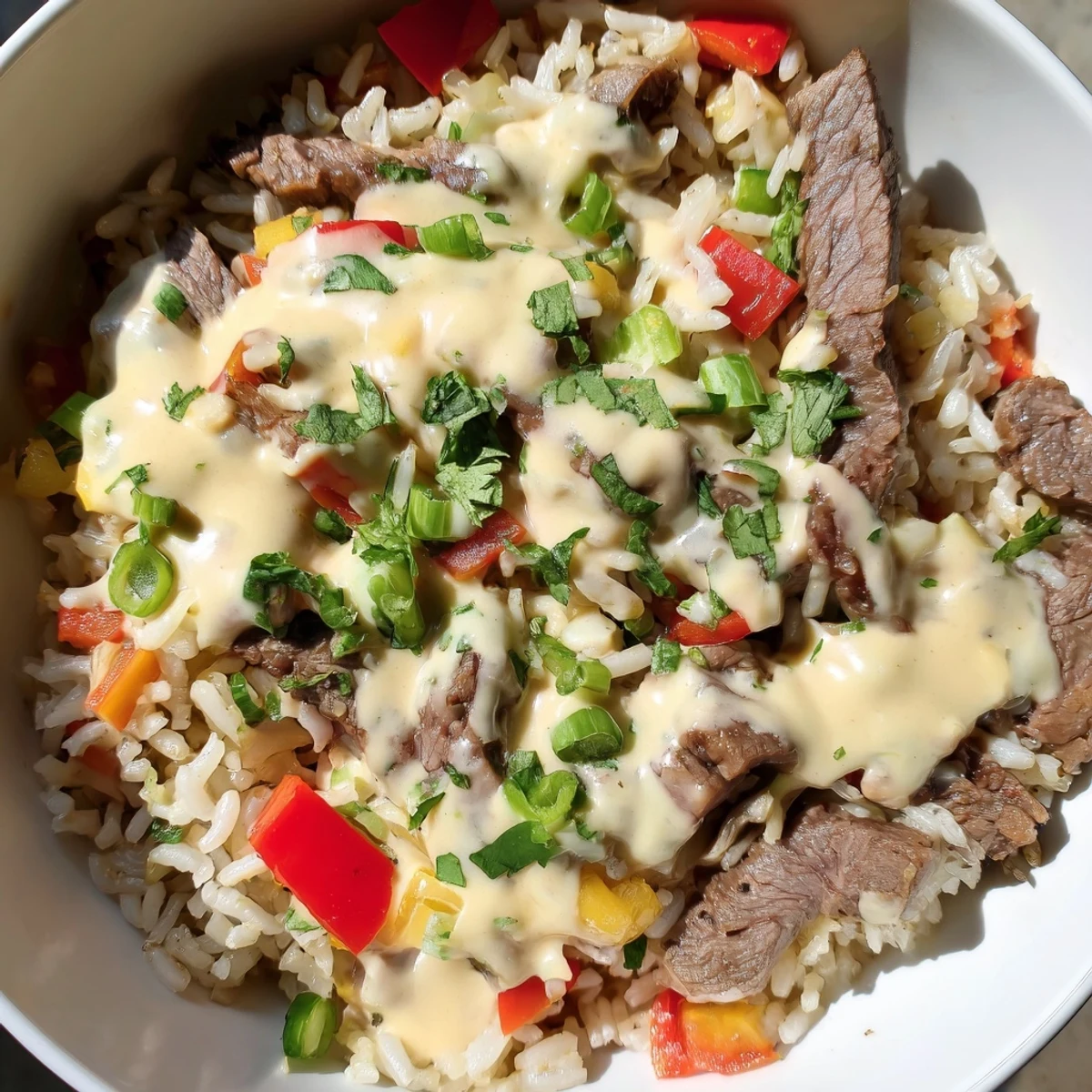 Creamy steak queso rice topped with melted cheese and fresh cilantro in a rustic bowl
