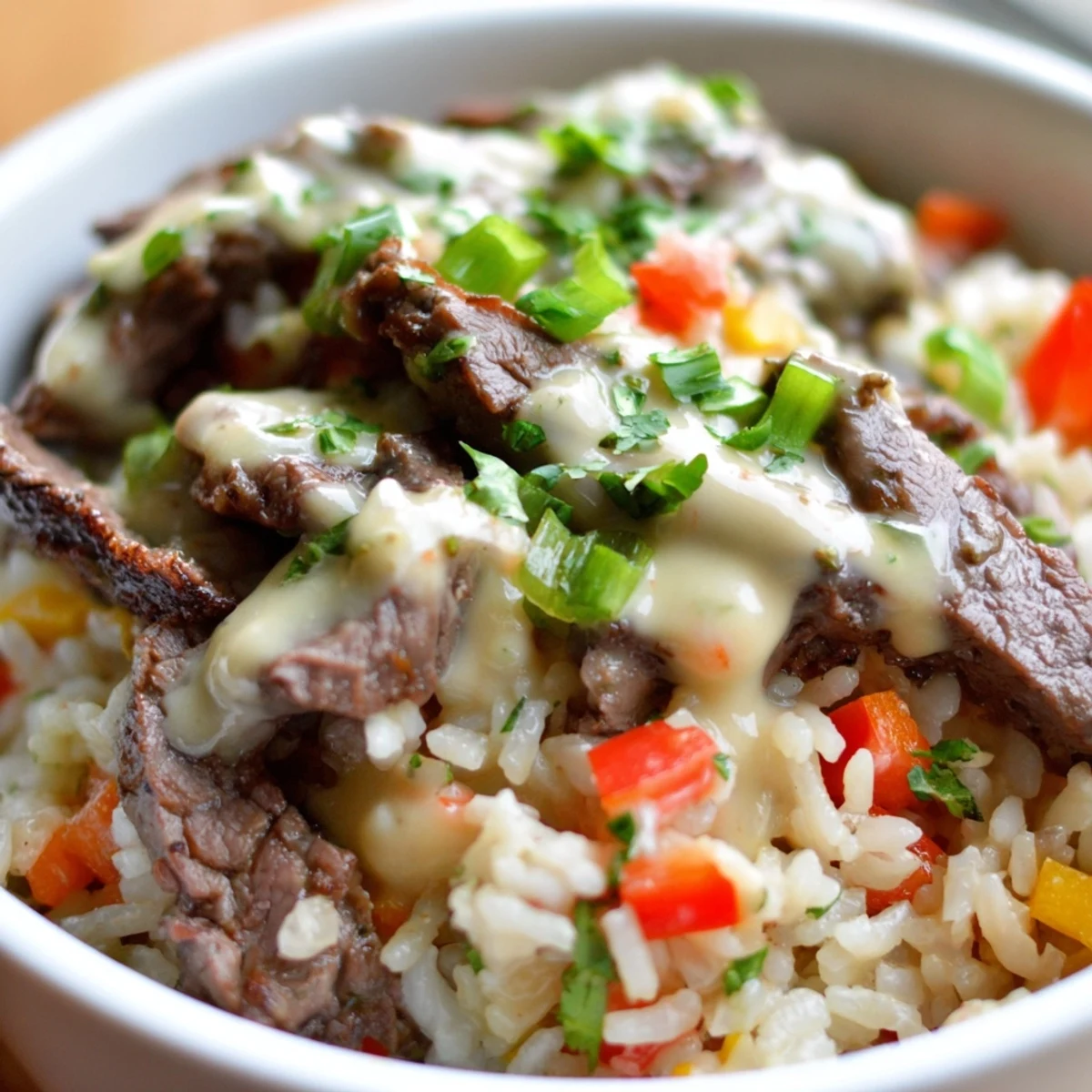 Tender sliced steak queso rice drizzled with smooth spicy cheese sauce and colorful bell peppers