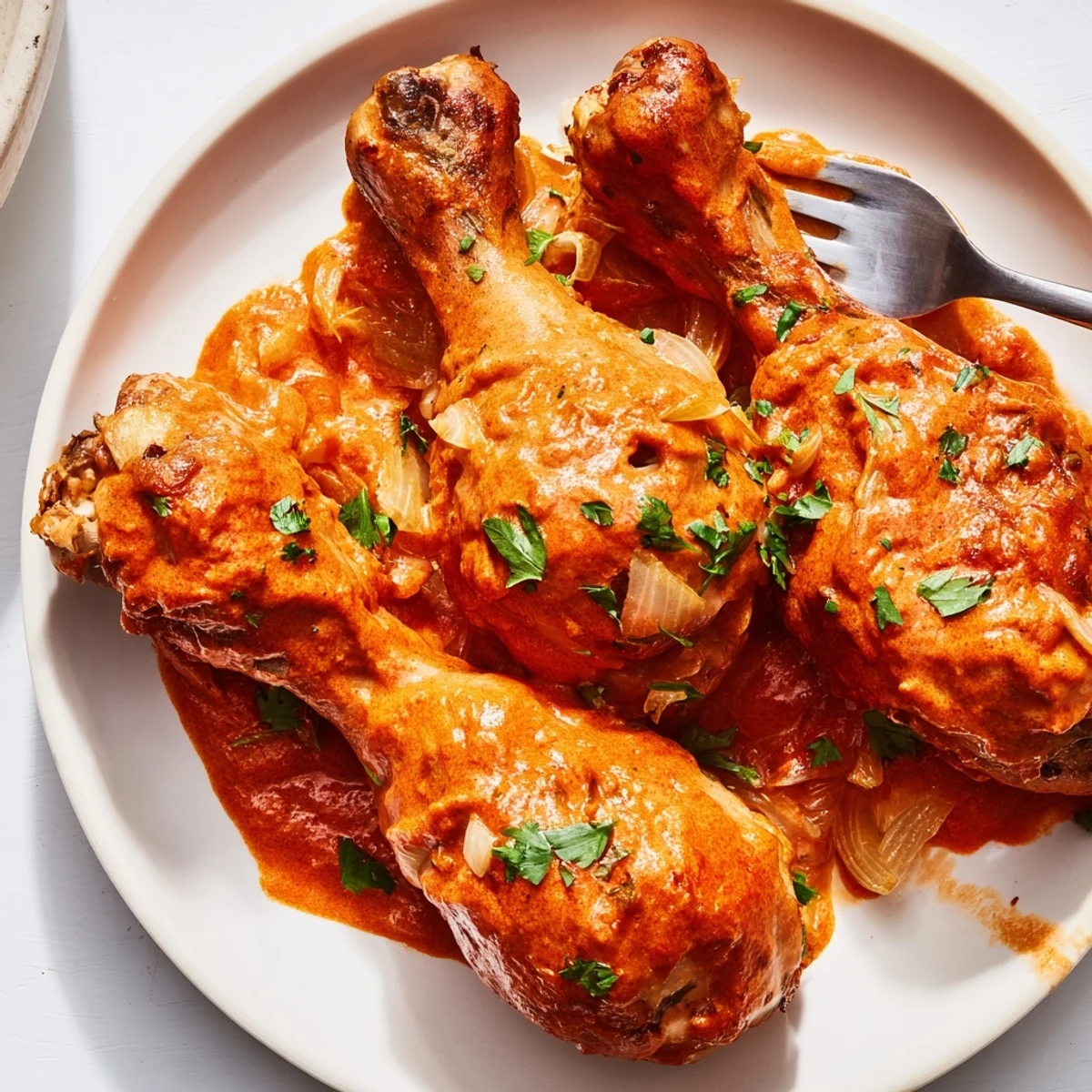Golden creamy paprika chicken drumsticks garnished with fresh parsley in a rustic skillet